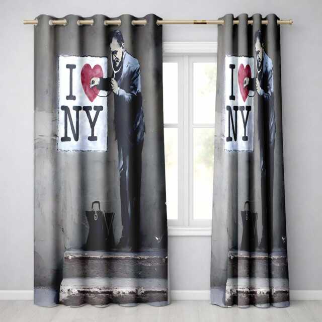 Man Checking Heart Sign Monochrome Urban Graffiti Distinctive Wall Art Home Decor Readymade Eyelet Ring Top Thermal 100% Blackout Curtains - image 1
