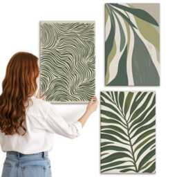 Canvas Wall Art Set Of 3 - Leaf Patterns & Wavy Lines in Shades Green, Green Print, Plants Flowers Decor - thumbnail 2