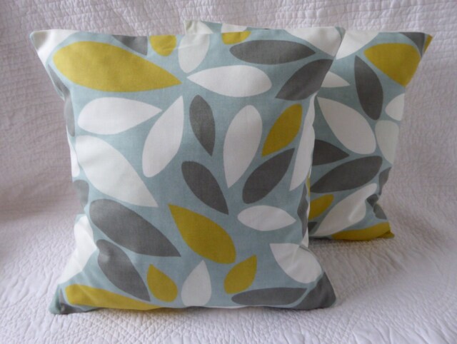 Handmade Leaf Print Pillow Cover, Duck Egg Blue, Saffron Yellow 16 Inch - image 1