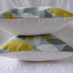 Handmade Leaf Print Pillow Cover, Duck Egg Blue, Saffron Yellow 16 Inch - thumbnail 4