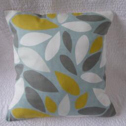 Handmade Leaf Print Pillow Cover, Duck Egg Blue, Saffron Yellow 16 Inch - thumbnail 3
