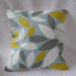 Handmade Leaf Print Pillow Cover, Duck Egg Blue, Saffron Yellow 16 Inch - thumbnail 2