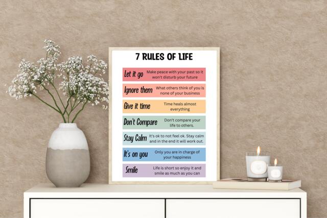 7 Rules Of Life Print, Mental Health Poster, Inspirational Art, Motivational Quote - image 1