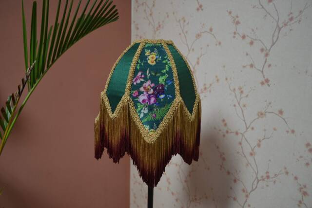 Hand-stitched Silk Lampshade Green Secret Garden Print With Ombre Fringe - image 1