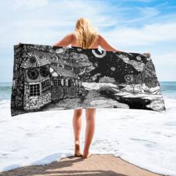 Along The Path To Tower Towel, Illustration Print. Abandoned House, Countryside, Fantasy Outdoors Landscape. Explore Adventure Wander - thumbnail 1