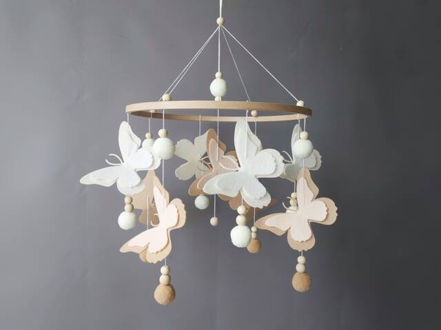 Butterfly Mobile Baby Girl Crib Pom Boho Musical Bebe Nursery Felt Neutral Hanging Ball Cot Wood Beads - image 1