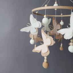 Butterfly Mobile Baby Girl Crib Pom Boho Musical Bebe Nursery Felt Neutral Hanging Ball Cot Wood Beads - thumbnail 2