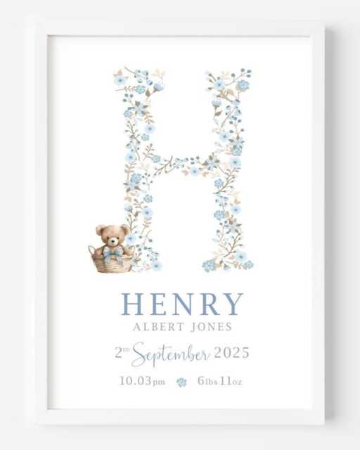 Personalised Birth Details Print - New Baby Boy Gift Teddy Bear Nursery Wall Art Decor - image 1