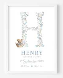 Personalised Birth Details Print - New Baby Boy Gift Teddy Bear Nursery Wall Art Decor - thumbnail 1