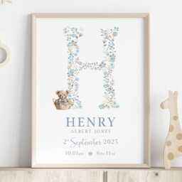 Personalised Birth Details Print - New Baby Boy Gift Teddy Bear Nursery Wall Art Decor - thumbnail 2