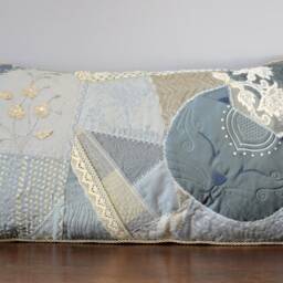 Crazy Patchwork Cat Pillow, Embroidered Fiber Art Accent - thumbnail 2