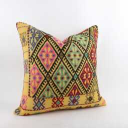 Handwoven Wool Kilim Pillow Cover, Bohemian Turkish Design, 24x24 Inch Cushion - thumbnail 2