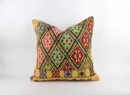 Handwoven Wool Kilim Pillow Cover, Bohemian Turkish Design, 24x24 Inch Cushion - thumbnail 1
