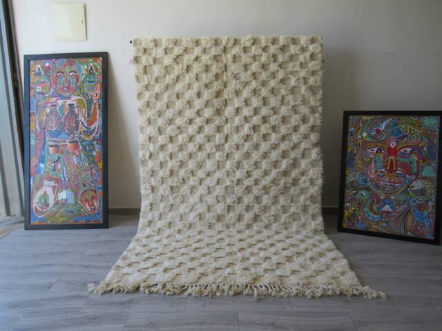 Beniourain Rug - Checkered Moroccan Wool Handmade Checkerboard Berber Solid - White Carpet - Tufted Rugs - image 1