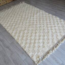 Beniourain Rug - Checkered Moroccan Wool Handmade Checkerboard Berber Solid - White Carpet - Tufted Rugs - thumbnail 4
