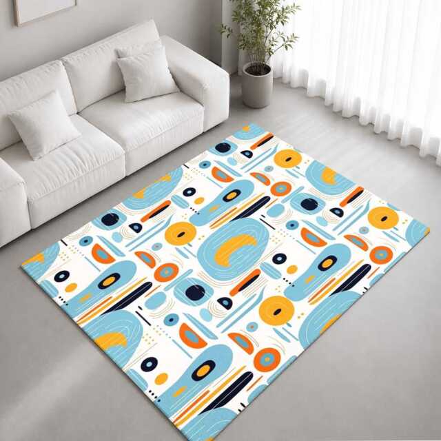 Light Blue Orange Retro Abstract Rug Non-Slip Soft Area Carpet Bedroom Living Room Hallway Mat Decor - Made in UK - image 1