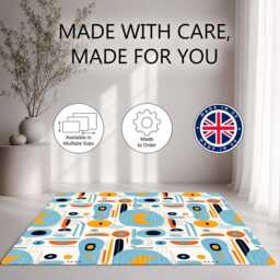 Light Blue Orange Retro Abstract Rug Non-Slip Soft Area Carpet Bedroom Living Room Hallway Mat Decor - Made in UK - thumbnail 2
