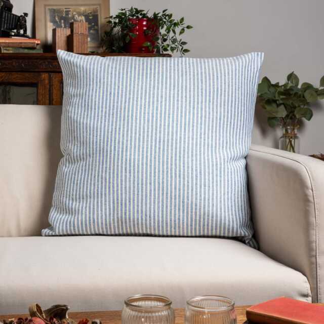 Woven Ticking Stripe Extra-Large Cushion Cover in Soft Blue. Nautical Stripes, Modern Design. 23X23 - image 1