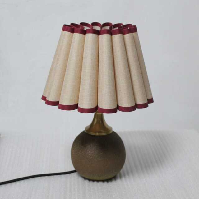 Handmade Khaki Cotton Linen Table Lamp Burgundy Trim, Ceramic Base - image 1