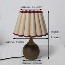 Handmade Khaki Cotton Linen Table Lamp Burgundy Trim, Ceramic Base - thumbnail 2