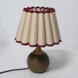 Handmade Khaki Cotton Linen Table Lamp Burgundy Trim, Ceramic Base - thumbnail 3