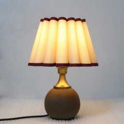 Handmade Khaki Cotton Linen Table Lamp Burgundy Trim, Ceramic Base - thumbnail 4