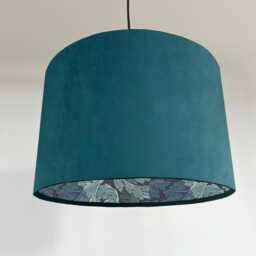 Teal Velvet Drum Lampshade, Double Sided Lampshade With Acanthus Blue Leaves Paper Interior, William Morris - thumbnail 1