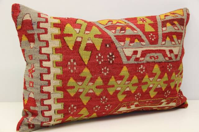 Turkish Kilim Lumbar Pillow Cover - 16x24 Inch, Handmade Wool Cushion - image 1