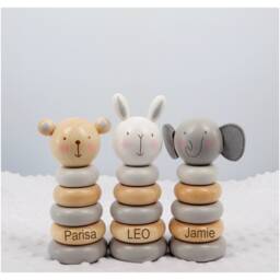 Personalised Wooden Stacking Rings Bear, Bunny, Elephant Baby Toy New - thumbnail 4