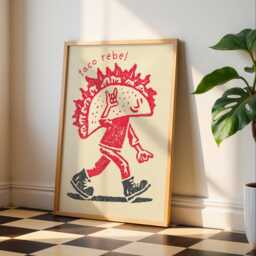 Taco Rebel Wall Art Print - Funny Kitchen Print, Cool Character Illustration, Bold Red & Black Unframed Quirky Gift - thumbnail 1