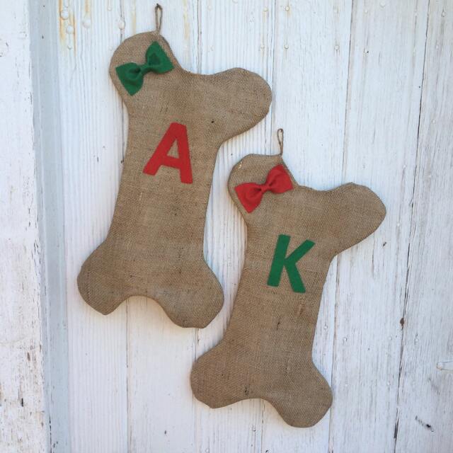 Burlap Dog Bone Christmas Stocking With Bow/Bow Tie - Puppy/Dog Stocking-Personalize Letter/Custom Colors-Rustic/Shabby Chic//Natural - image 1