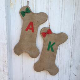 Burlap Dog Bone Christmas Stocking With Bow/Bow Tie - Puppy/Dog Stocking-Personalize Letter/Custom Colors-Rustic/Shabby Chic//Natural - thumbnail 1