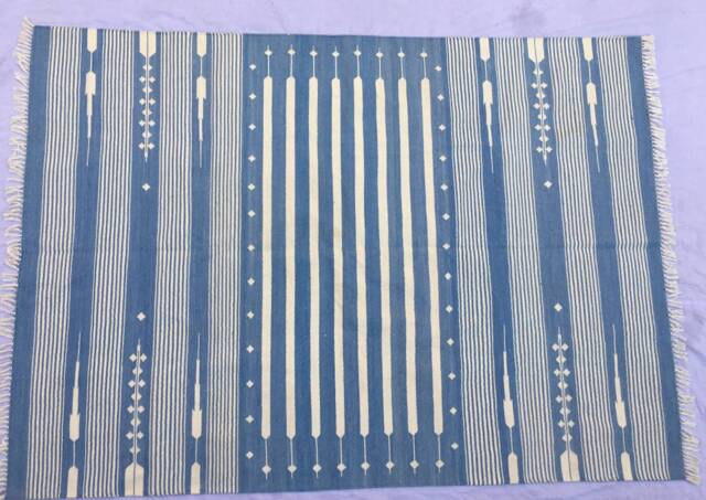 8x10 Light Denim & White Stripes Cotton Rug Dhurrie - Room Size - image 1