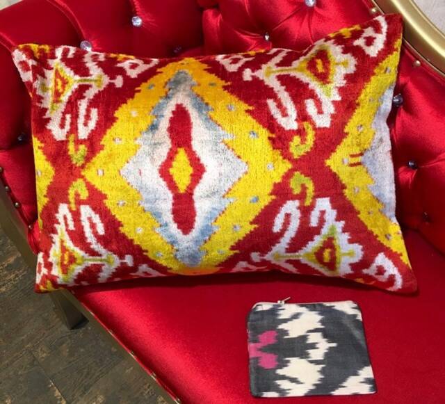Red Yellow Ikat Velvet Pillow Cover Uzbek Handwoven Cushion - 24x16 In - image 1
