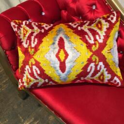 Red Yellow Ikat Velvet Pillow Cover Uzbek Handwoven Cushion - 24x16 In - thumbnail 3