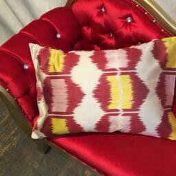Red Yellow Ikat Velvet Pillow Cover Uzbek Handwoven Cushion - 24x16 In - thumbnail 4