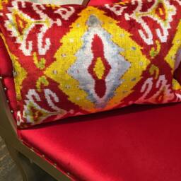 Red Yellow Ikat Velvet Pillow Cover Uzbek Handwoven Cushion - 24x16 In - thumbnail 2