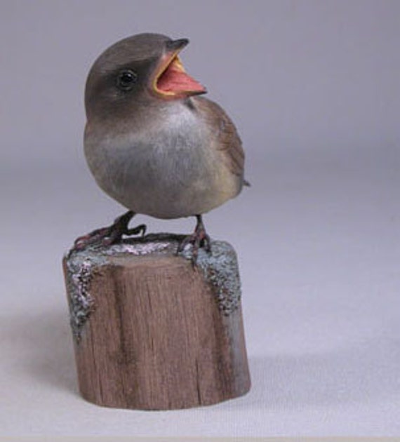 Baby House Sparrow Hand Carved Wooden Bird - image 1