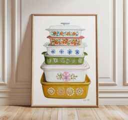 Retro Kitchen Wall Art, Vintage Print, Colorful Pottery Poster, Nostalgic Home Decor, Mid Century Illustration, Shelf Artwork