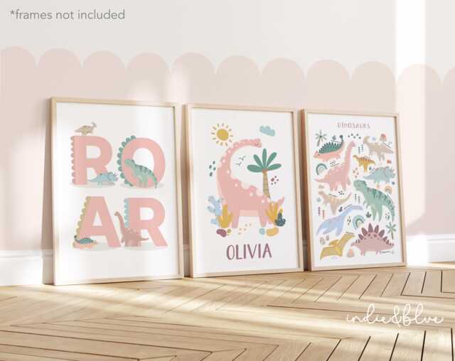Set Of 3 Pastel Personalised Girl Dinosaur Prints, Chart Print, Bedroom Decor - image 1
