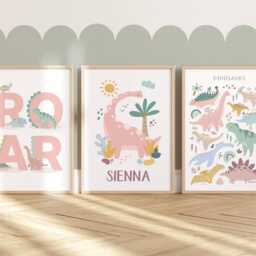 Set Of 3 Pastel Personalised Girl Dinosaur Prints, Chart Print, Bedroom Decor - thumbnail 2