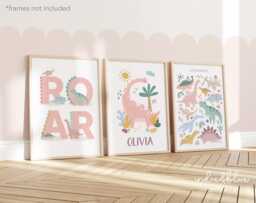 Set Of 3 Pastel Personalised Girl Dinosaur Prints, Chart Print, Bedroom Decor - thumbnail 1