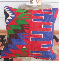 40cm Vintage Kilim Cushion Cover Handwoven - Strong Colour Tribal Red Cobalt Green White - thumbnail 1