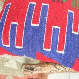 40cm Vintage Kilim Cushion Cover Handwoven - Strong Colour Tribal Red Cobalt Green White - thumbnail 2
