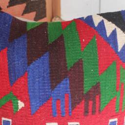 40cm Vintage Kilim Cushion Cover Handwoven - Strong Colour Tribal Red Cobalt Green White - thumbnail 3