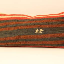 Handmade Wool Kilim Lumbar Pillow Cover, Oriental Boho Style - 12x24 Inch - thumbnail 2