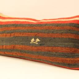 Handmade Wool Kilim Lumbar Pillow Cover, Oriental Boho Style - 12x24 Inch - thumbnail 3