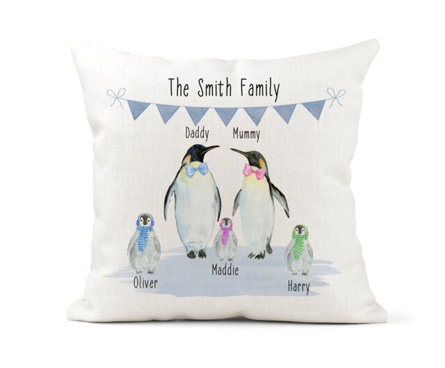Personalised Penguin Family Cushion, Watercolour, Daddy Mummy Mama, Papa, Children, New Home Gift, Baby Cute Penguins - image 1