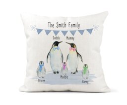 Personalised Penguin Family Cushion, Watercolour, Daddy Mummy Mama, Papa, Children, New Home Gift, Baby Cute Penguins - thumbnail 1