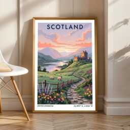Scottish Highlands Landscape Art Print Pastel Castle Illustration - thumbnail 1
